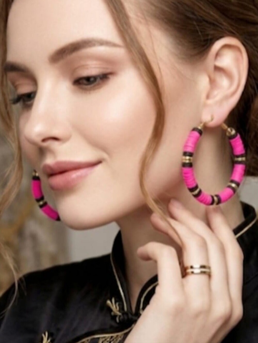 Hot Pink and Black Hoop Earrings – Lightweight Disc Bead Hoops